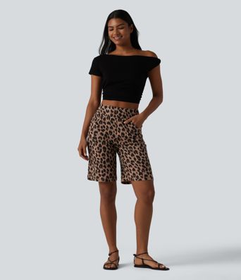 High Waisted Leopard Waffle Casual Baggy Shorts 10'' with Pockets