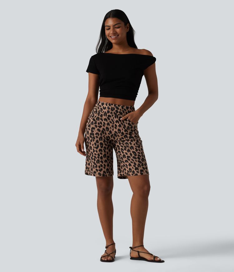 High Waisted Leopard Waffle Casual Baggy Shorts 10'' with Pockets
