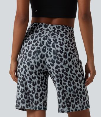 High Waisted Leopard Waffle Casual Baggy Shorts 10'' with Pockets