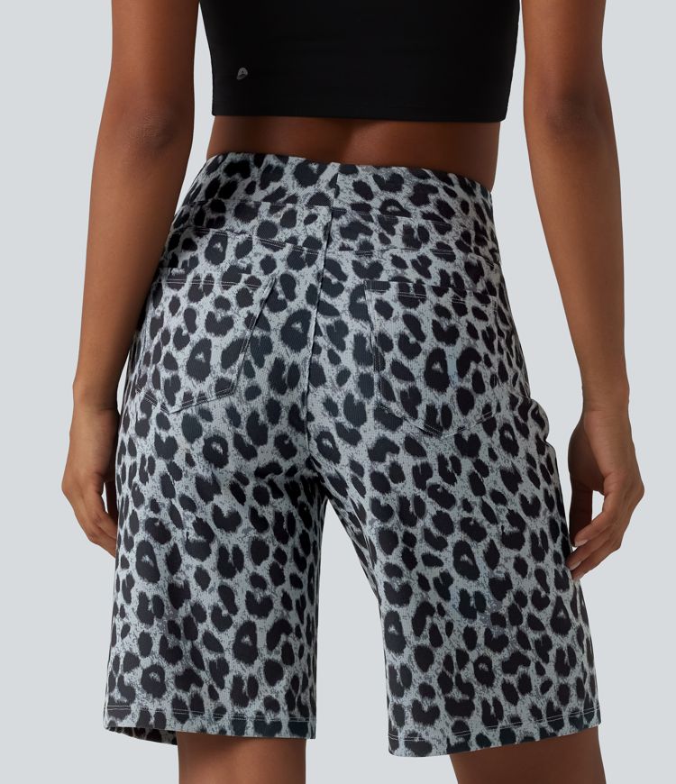 High Waisted Leopard Waffle Casual Baggy Shorts 10'' with Pockets