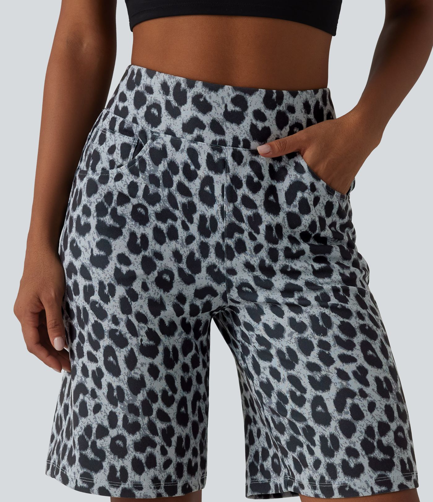 High Waisted Leopard Waffle Casual Baggy Shorts 10'' with Pockets