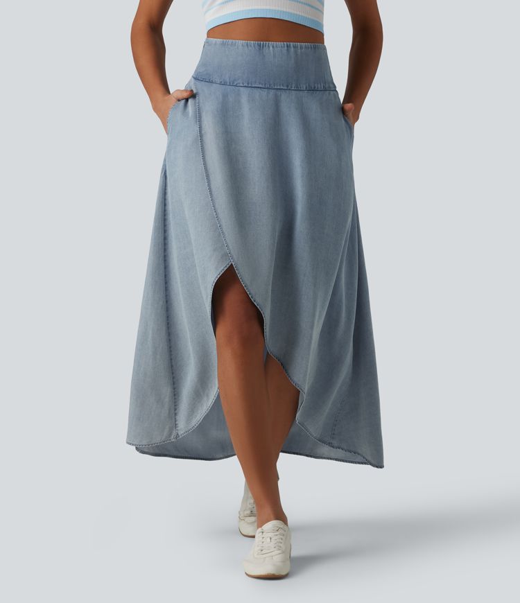 Jupe en jean midi fluide drapée en lyocell taille haute avec fermeture éclair invisible, ourlet asymétrique et poches
