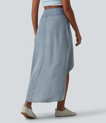 Jupe en jean midi fluide drapée en lyocell taille haute avec fermeture éclair invisible, ourlet asymétrique et poches
