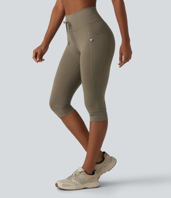 High Waisted Drawstring Plain Yoga Pedal Pushers Leggings with Pockets