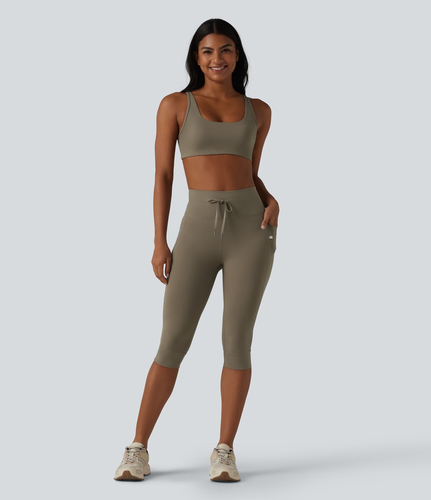 High Waisted Drawstring Plain Yoga Pedal Pushers Leggings with Pockets