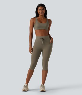 High Waisted Drawstring Plain Yoga Pedal Pushers Leggings with Pockets