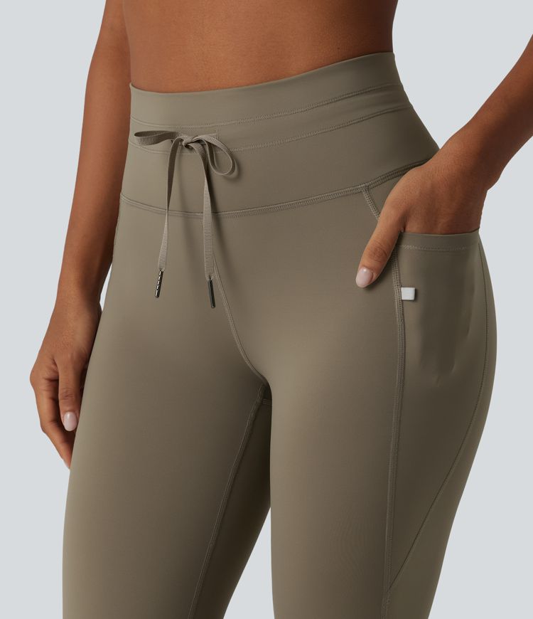 High Waisted Drawstring Plain Yoga Pedal Pushers Leggings with Pockets