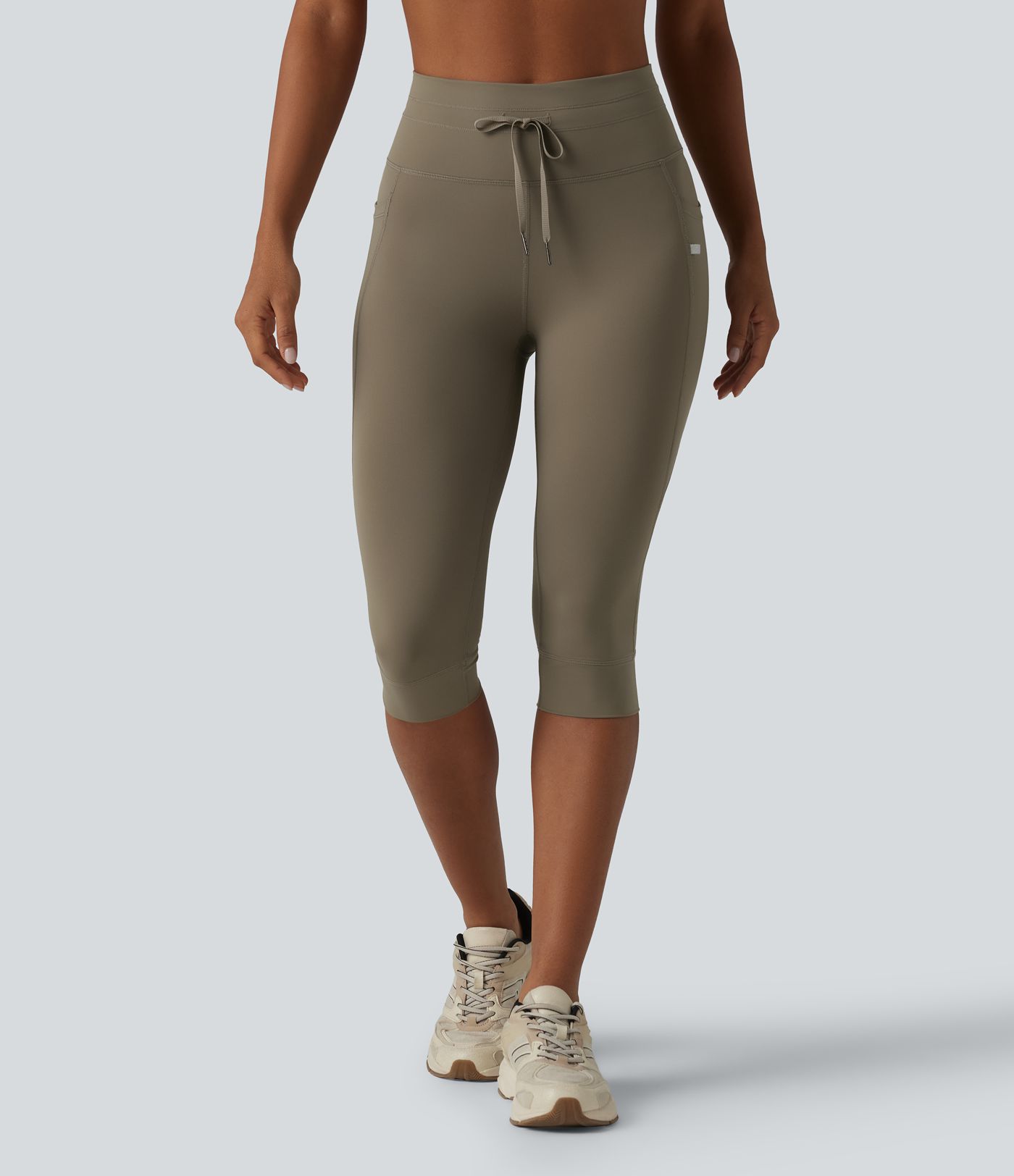 High Waisted Drawstring Plain Yoga Pedal Pushers Leggings with Pockets