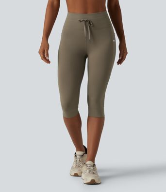 High Waisted Drawstring Plain Yoga Pedal Pushers Leggings with Pockets