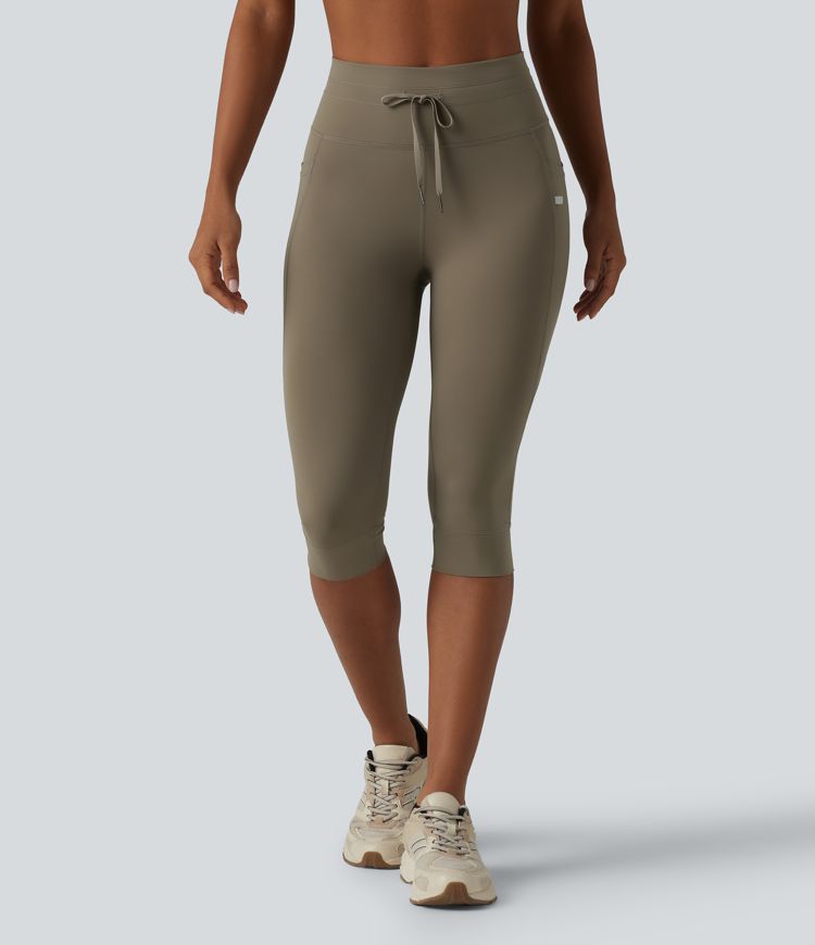 High Waisted Drawstring Plain Yoga Pedal Pushers Leggings with Pockets