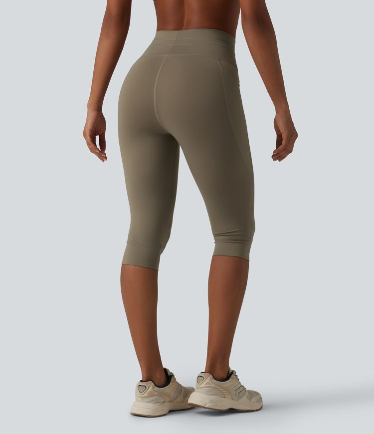 High Waisted Drawstring Plain Yoga Pedal Pushers Leggings with Pockets