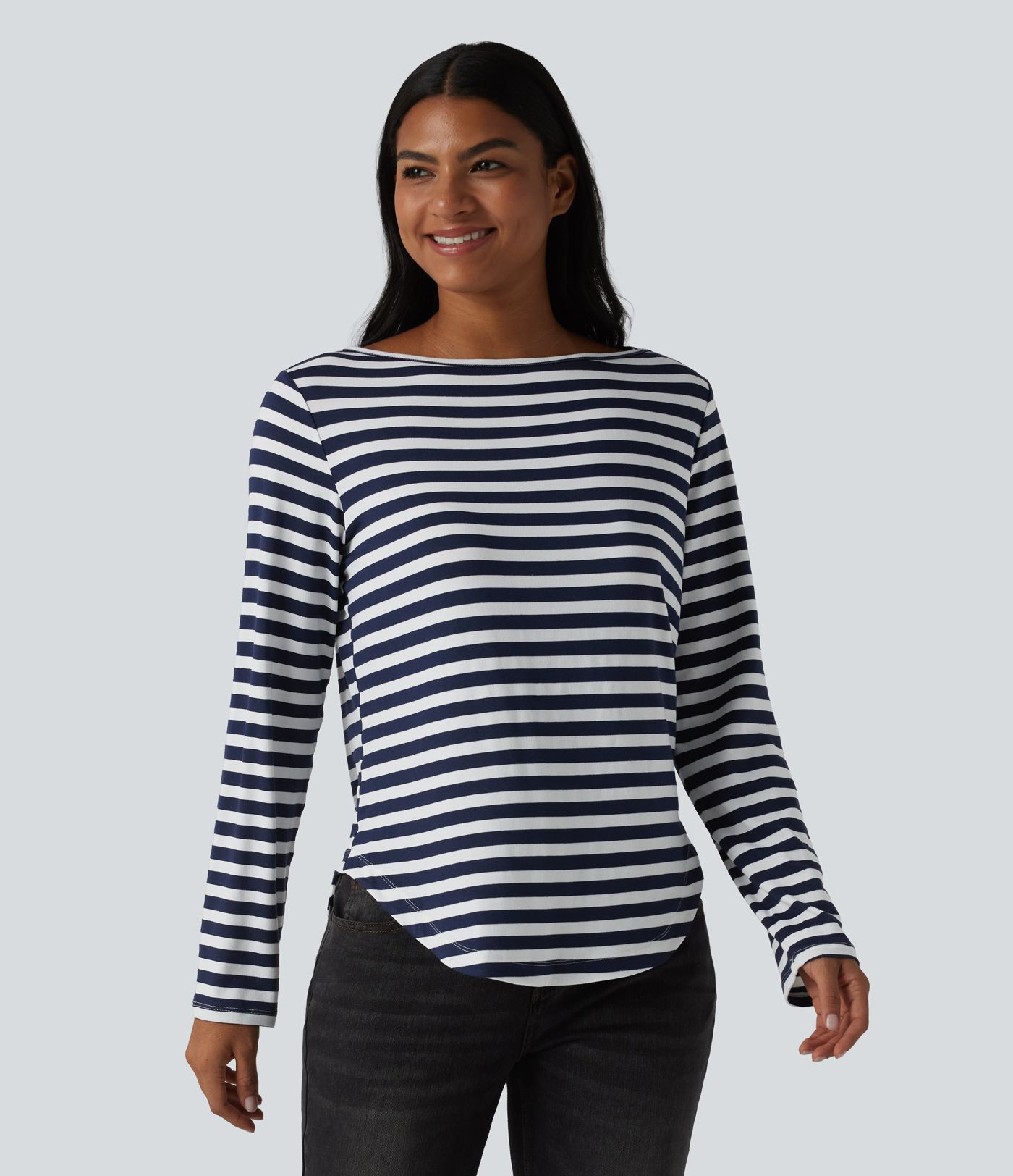 Boat Neck Long Sleeve Curved Hem Stripe Casual T-Shirt