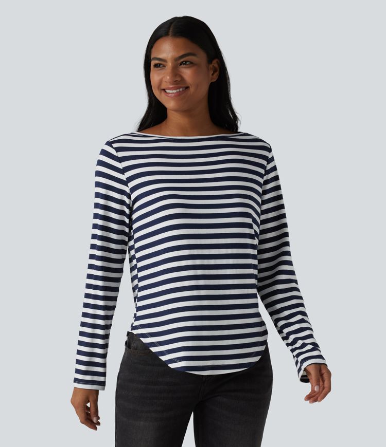 Boat Neck Long Sleeve Curved Hem Stripe Casual T-Shirt