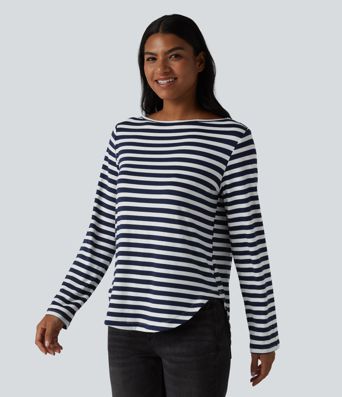 Boat Neck Long Sleeve Curved Hem Stripe Casual T-Shirt