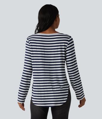 Boat Neck Long Sleeve Curved Hem Stripe Casual T-Shirt