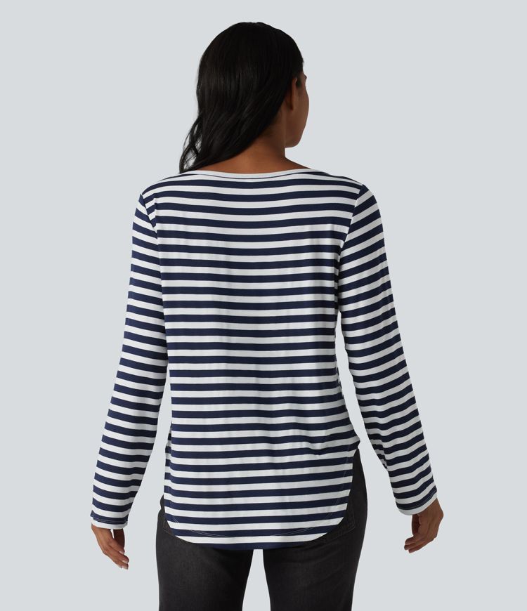 Boat Neck Long Sleeve Curved Hem Stripe Casual T-Shirt
