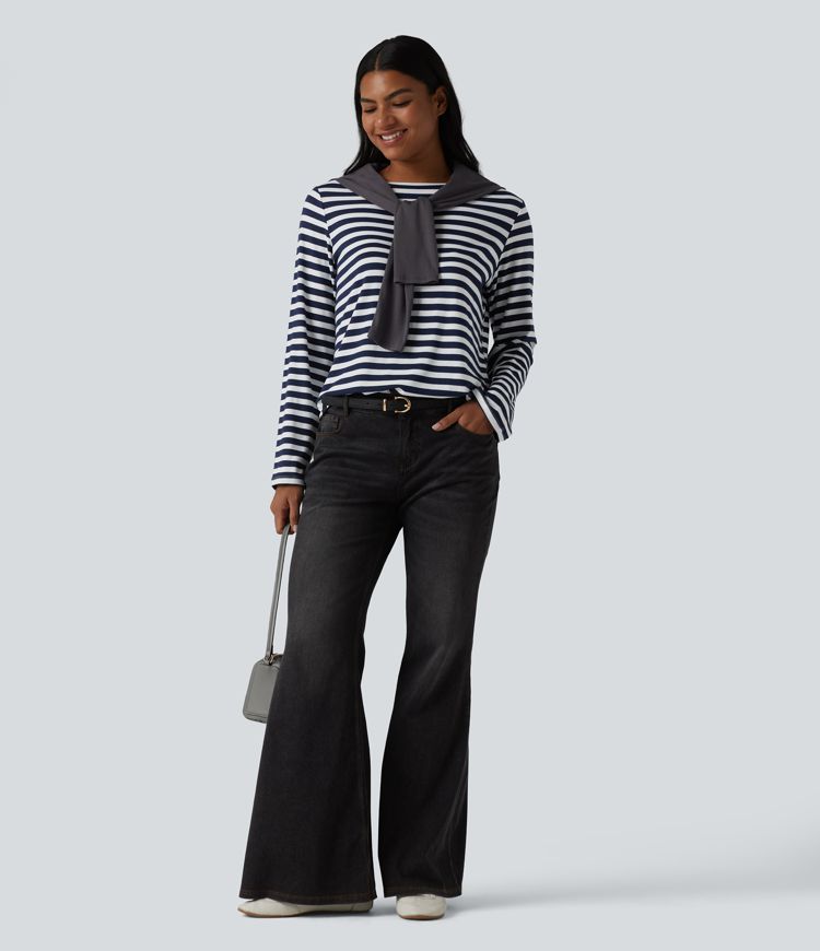 Boat Neck Long Sleeve Curved Hem Stripe Casual T-Shirt