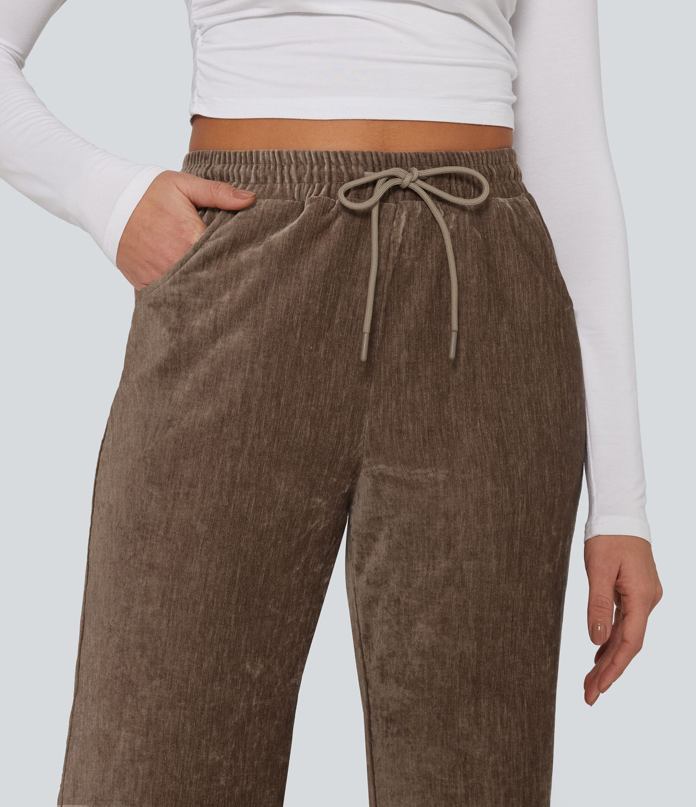 High Waisted Drawstring Velvet Flare Lounge Pants with Pockets