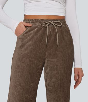 High Waisted Drawstring Velvet Flare Lounge Pants with Pockets