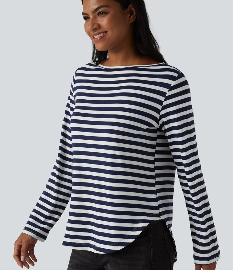 Boat Neck Long Sleeve Curved Hem Stripe Casual T-Shirt
