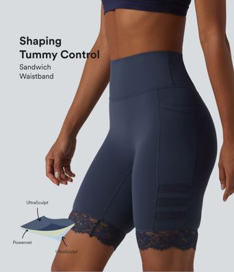 Halara UltraSculpt™ High Waisted Tummy Control Breathable Mesh Contrast Lace Yoag Biker Shorts 9'' with Pockets