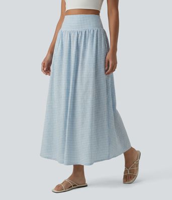 High Waisted Plaid Midi Casual Skirt with Pockets