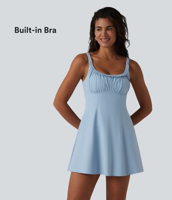 U-neck Sleeveless Ruffle Trim Ruched Built-in Bra Mini Casual Dress with Pockets