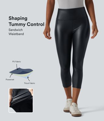 Legging corsaire taille haute ventre plat en similicuir extensible avec poches