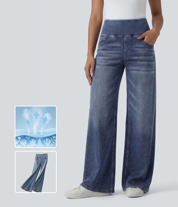 Halara Flex™ Mid-Rise drapierte, gewaschene, lässige Baggy-Jeans mit weitem Bein und Taschen