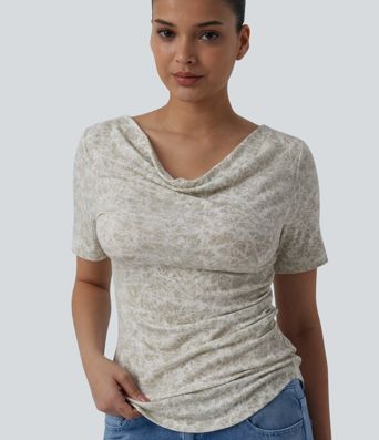 Cowl Neck Short Sleeve Ruched Tie Dye Casual T-Shirt