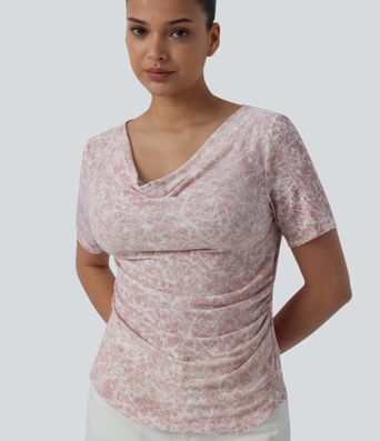 Cowl Neck Short Sleeve Ruched Tie Dye Casual T-Shirt