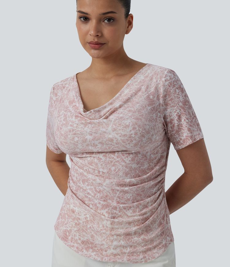 Cowl Neck Short Sleeve Ruched Tie Dye Casual T-Shirt