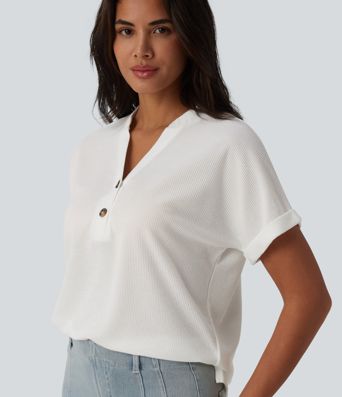 V-neck Button Batwing Sleeve Waffle Casual T-Shirt