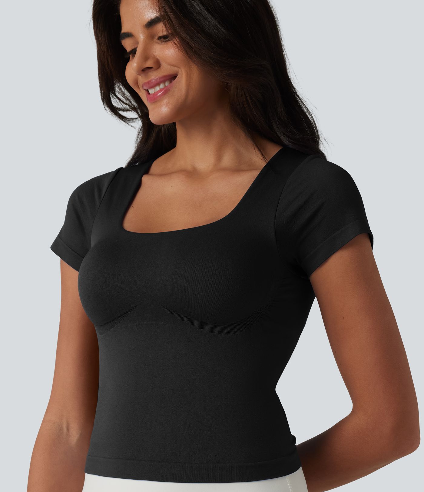 OneForm Seamless Flow Square Neck Short Sleeve Built-in Bra Yoga Sports Top