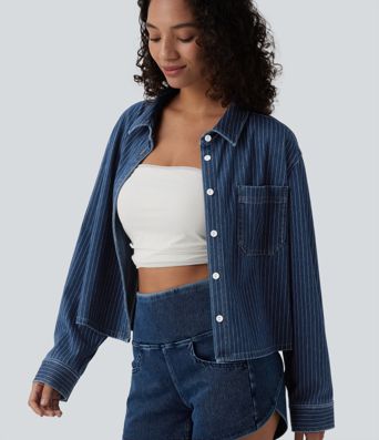 Halara Flex™ Long Sleeve Stripe Denim Casual Shirt with Pocket