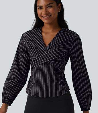 V Neck Long Sleeve Tie Back Stripe Work Blouse