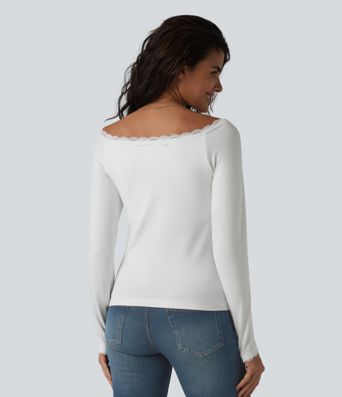 Lace Off Shoulder Built-in Bra Long Sleeve Casual Top