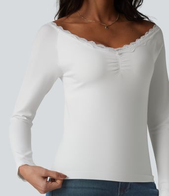Lace Off Shoulder Built-in Bra Long Sleeve Casual Top