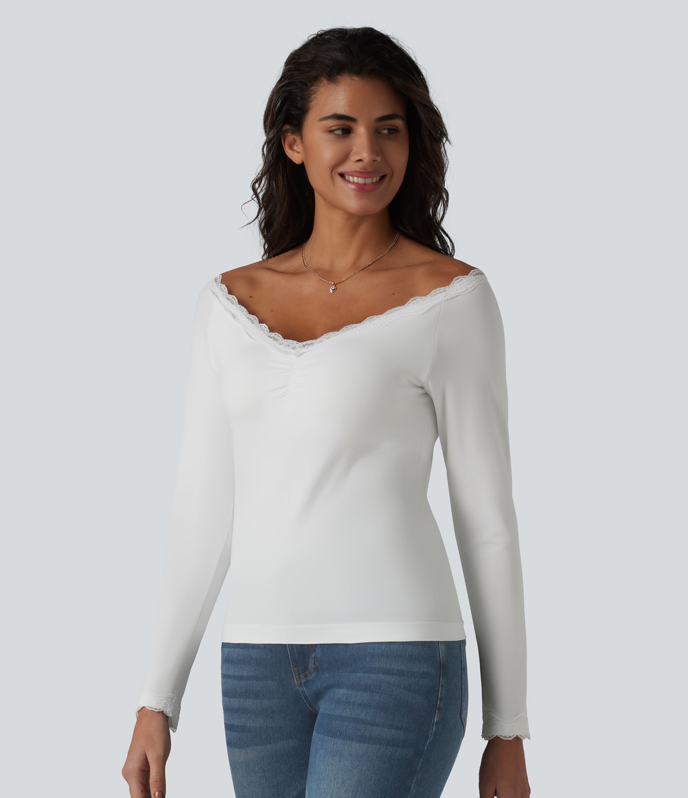 Lace Off Shoulder Built-in Bra Long Sleeve Casual Top