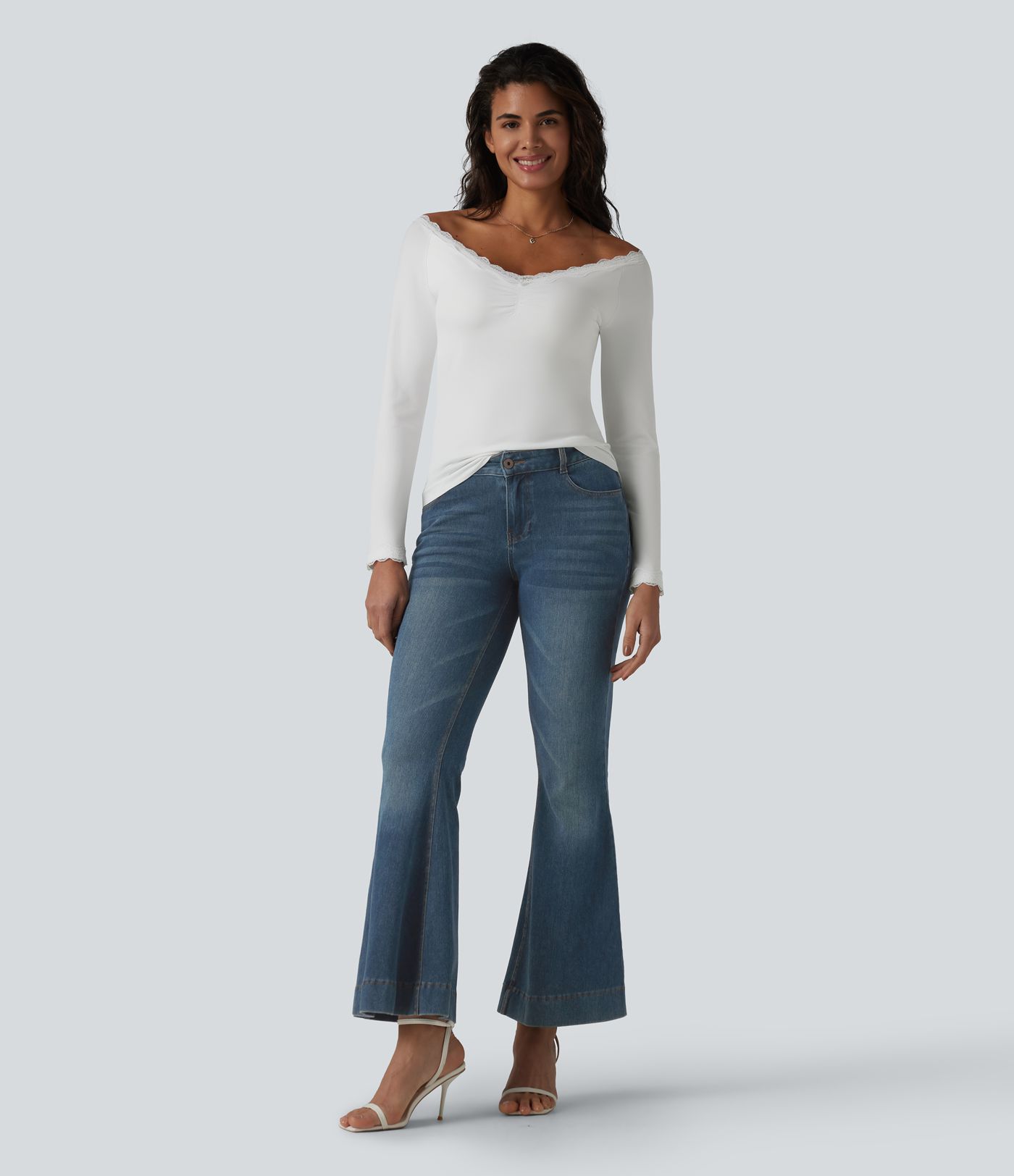 Lace Off Shoulder Built-in Bra Long Sleeve Casual Top