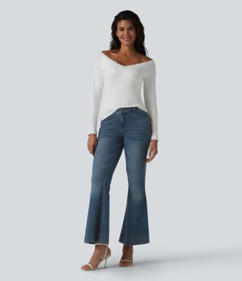 Lace Off Shoulder Built-in Bra Long Sleeve Casual Top