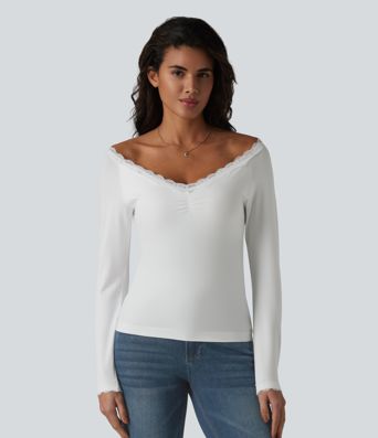 Lace Off Shoulder Built-in Bra Long Sleeve Casual Top