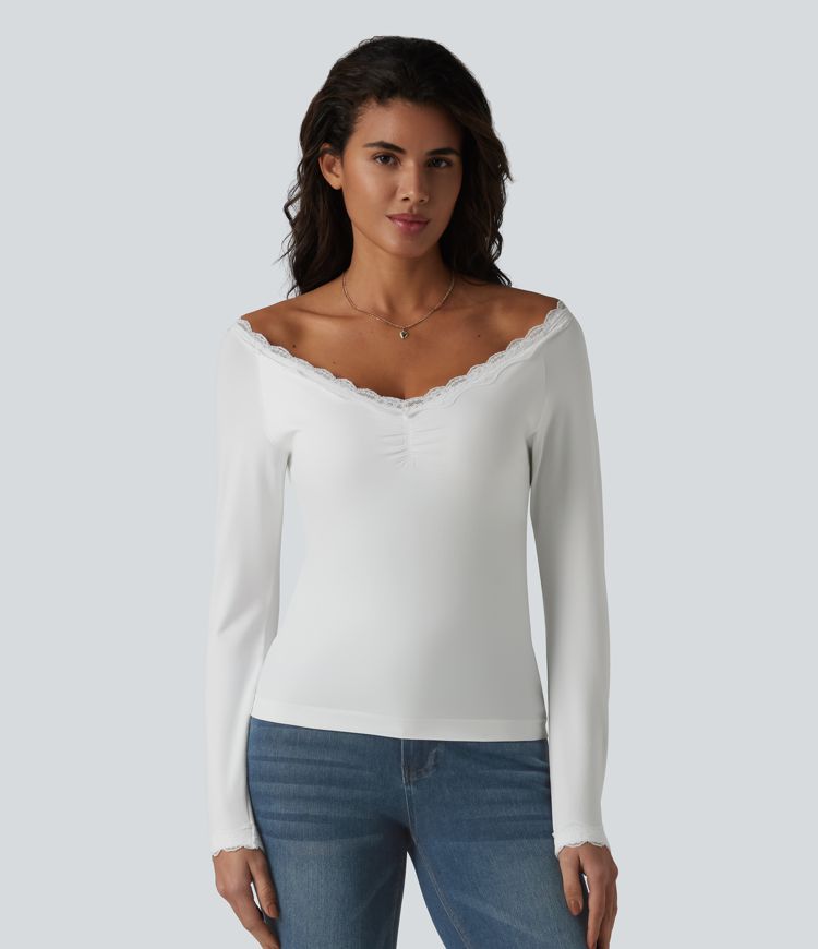 Lace Off Shoulder Built-in Bra Long Sleeve Casual Top