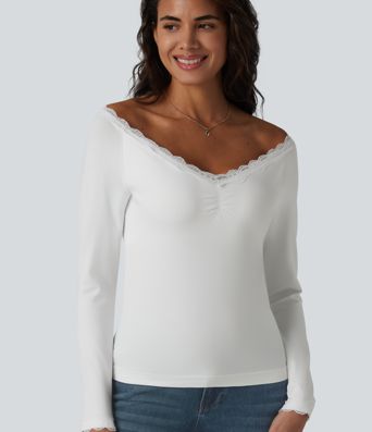 Lace Off Shoulder Built-in Bra Long Sleeve Casual Top