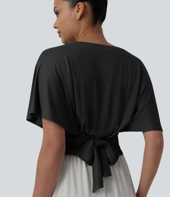 Boat Neck Ruffle Short Sleeve Tie Back Casual Top