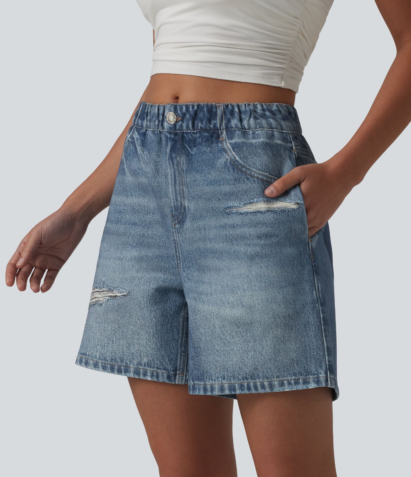 Mid Rise Denim Print French Terry Casual Sweat Shorts 5'' with Pockets