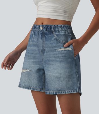 Mid Rise Denim Print French Terry Casual Sweat Shorts 5'' with Pockets