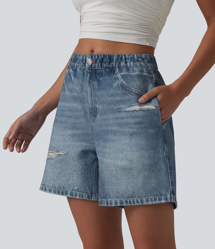 Mid Rise Denim Print French Terry Casual Sweat Shorts 5'' with Pockets