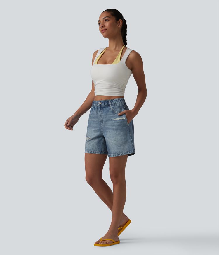 Mid Rise Denim Print French Terry Casual Sweat Shorts 5'' with Pockets