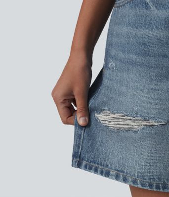 Mid Rise Denim Print French Terry Casual Sweat Shorts 5'' with Pockets